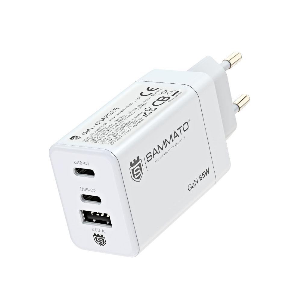 SAMMATO адаптер GAN 65W-USB C-2./USB A-1 бял