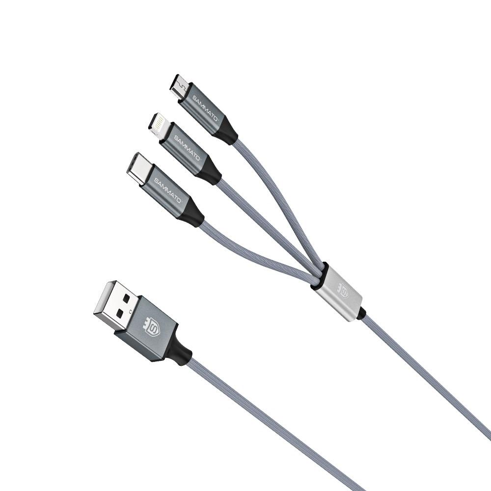 Кабел SAMMATO USB to Type C/Lightning/Micro 1.5м. 3 in1 корда сив