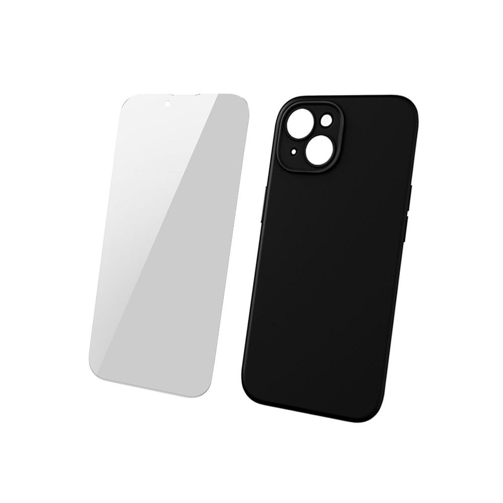 Калъф гръб за iPhone 14 Plus Baseus Liquid Silica Gel черен комплект със стъкло