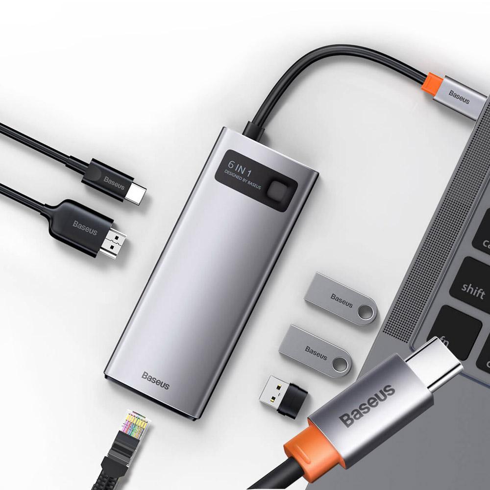 Мултифункционален хъб Baseus Metal Gleam Series 6-in-1 Multifunctional Type-C HUB Docking Station сив, CAHUB-CW0G
