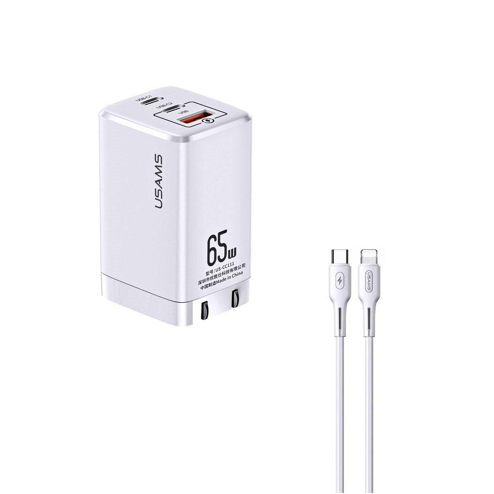 Зарядно USAMS 220V Type C to Lightning 2x Type C 1 USB PD FCH 65W бял, MTXLOGTL02