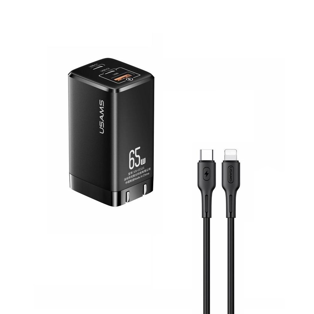 Зарядно USAMS 220V Type C to Lightning 2x Type C 1 USB PD FCH 65W черен, MTXLOGTL01