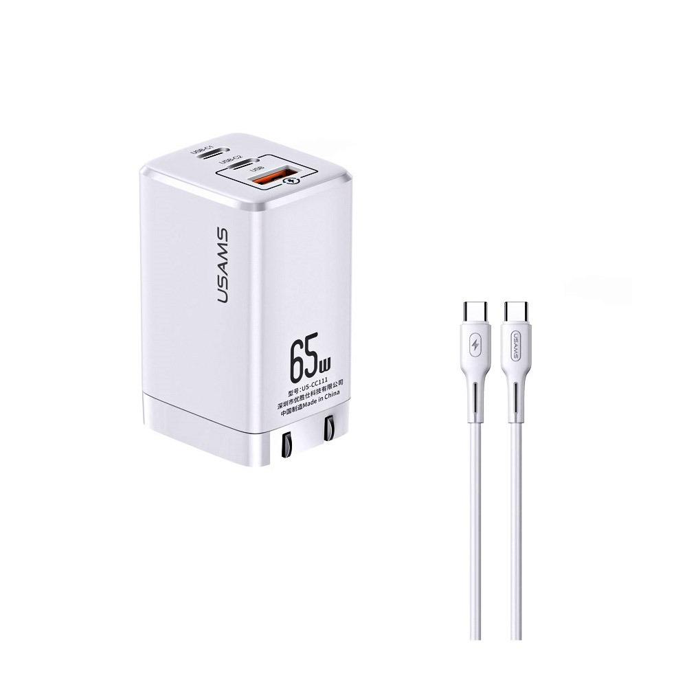Зарядно USAMS 220V Type C to Type C 2x Type C 1 USB PD FCH 65W Mac-Tu бял, MTXLOGTC01
