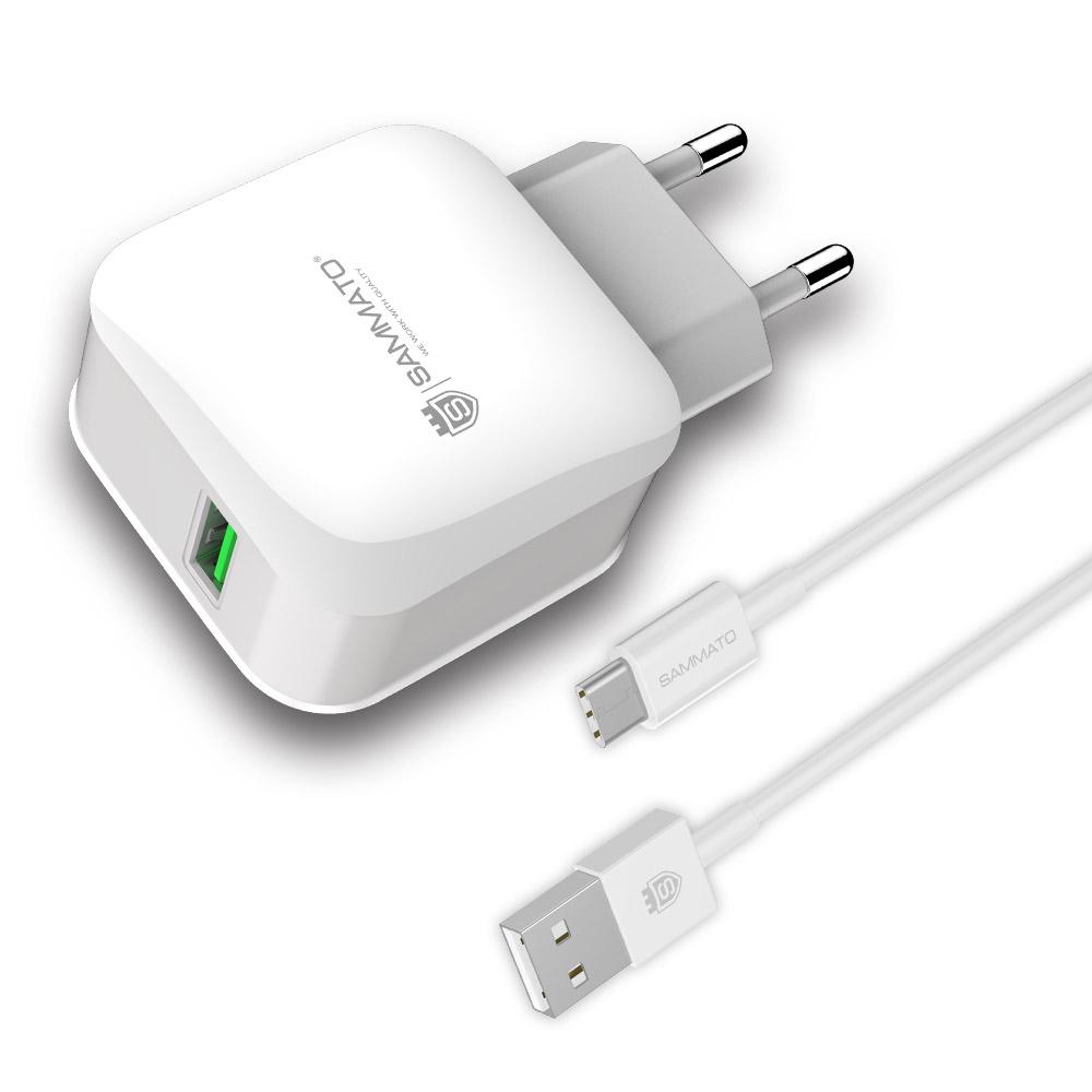 Зарядно SAMMATO 220V 2.4А 1USB + USB Type-C бял