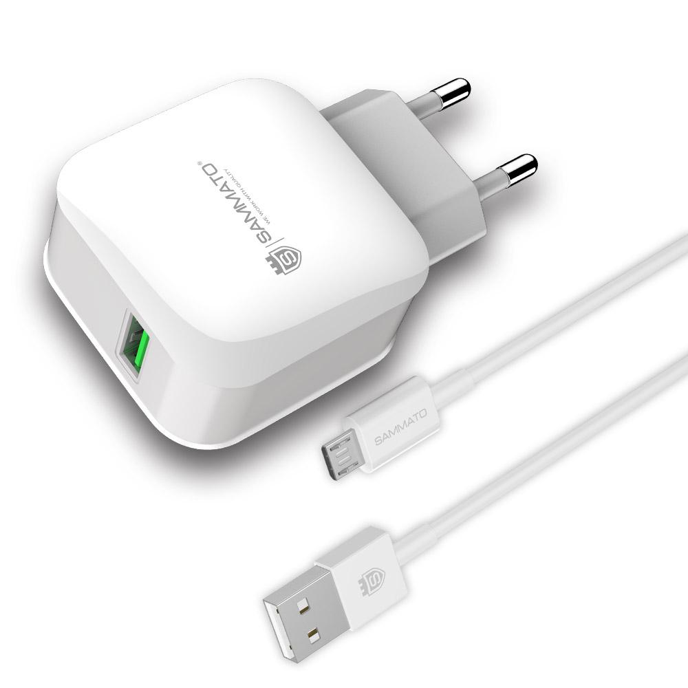 Зарядно SAMMATO 220V 2.4А 1USB + USB micro бял