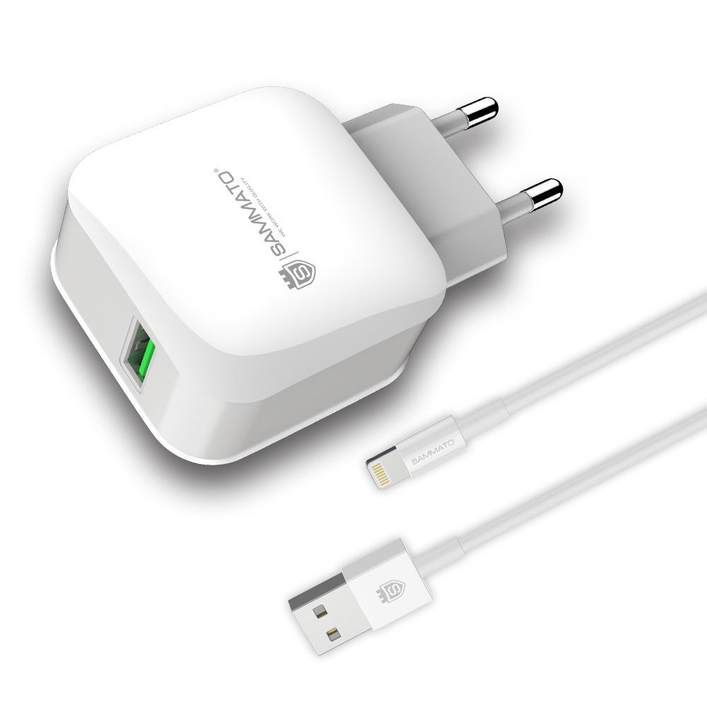 Зарядно SAMMATO 220V 2.4А 1USB + кабел USB 5G, Lightning, бял