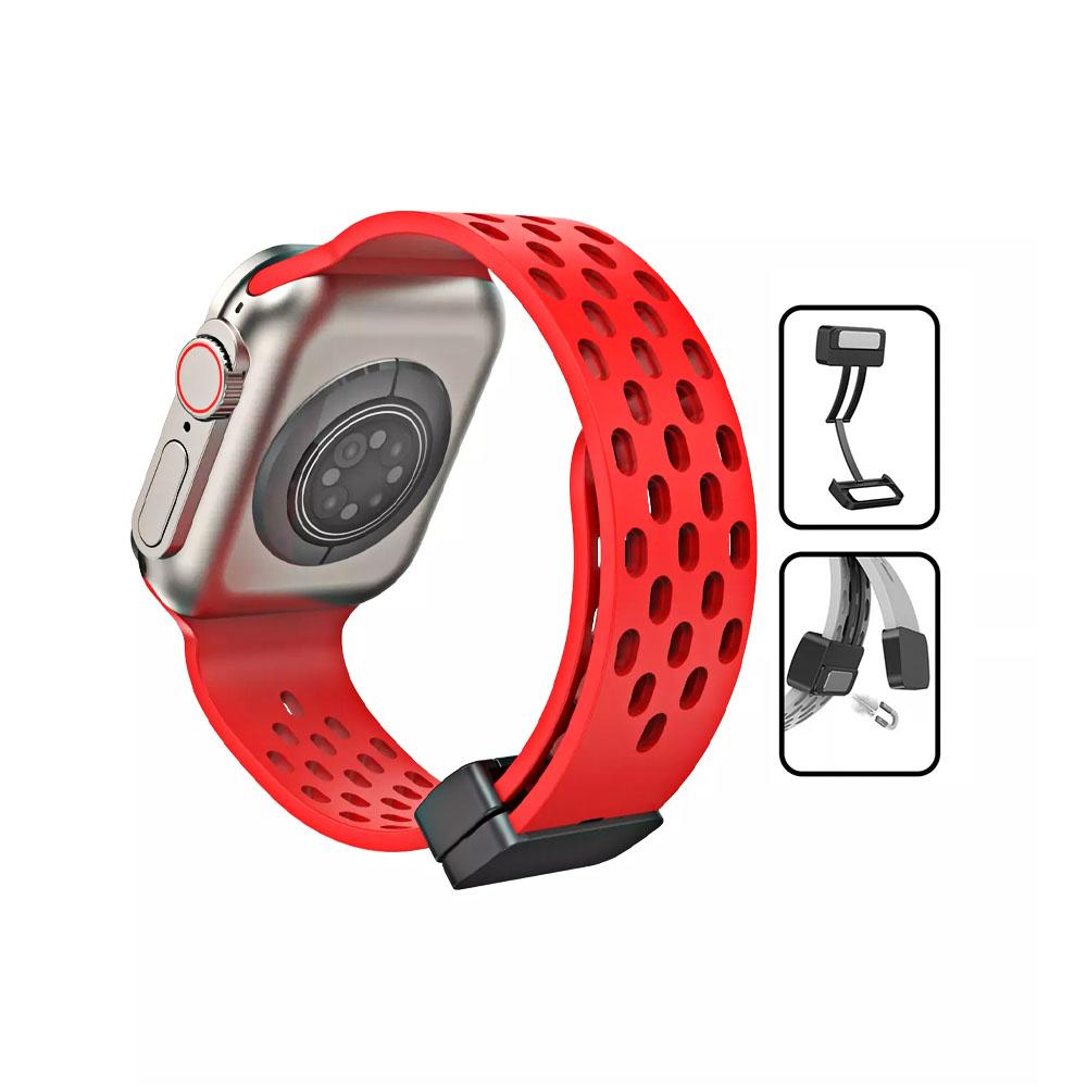 Apple watch 42/44/45/49mm. каишка силикон с магнитна закопчалка червено