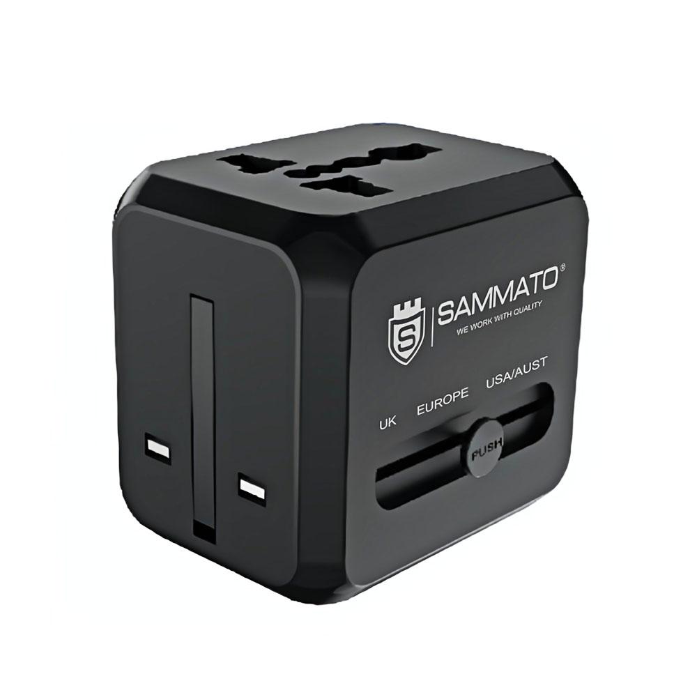 Универсален щепсел адаптер за контакт SAMMATO интернационален 2 USB A/1 USB C 3Amp черен